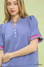 Umgee Puff Sleeve Button Front Top with Contrast Trim