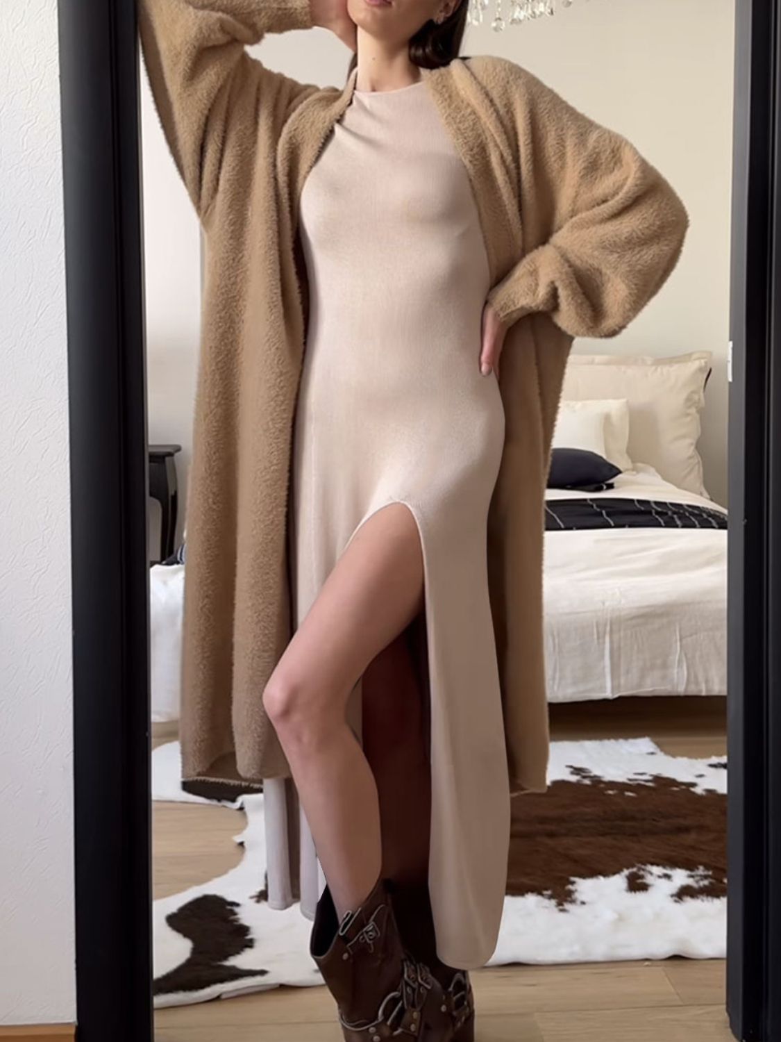 Midi Knit Dress Side Slit Round Neck Long Sleeve Soft Acrylic Stretch Solid Tan One Size 04a36c28-3c6b-410a-992c-3db2e556ec3f-Max Trendsi