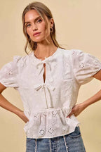 SO ME Cotton Eyelet Front Tie Short Sleeves Blouse