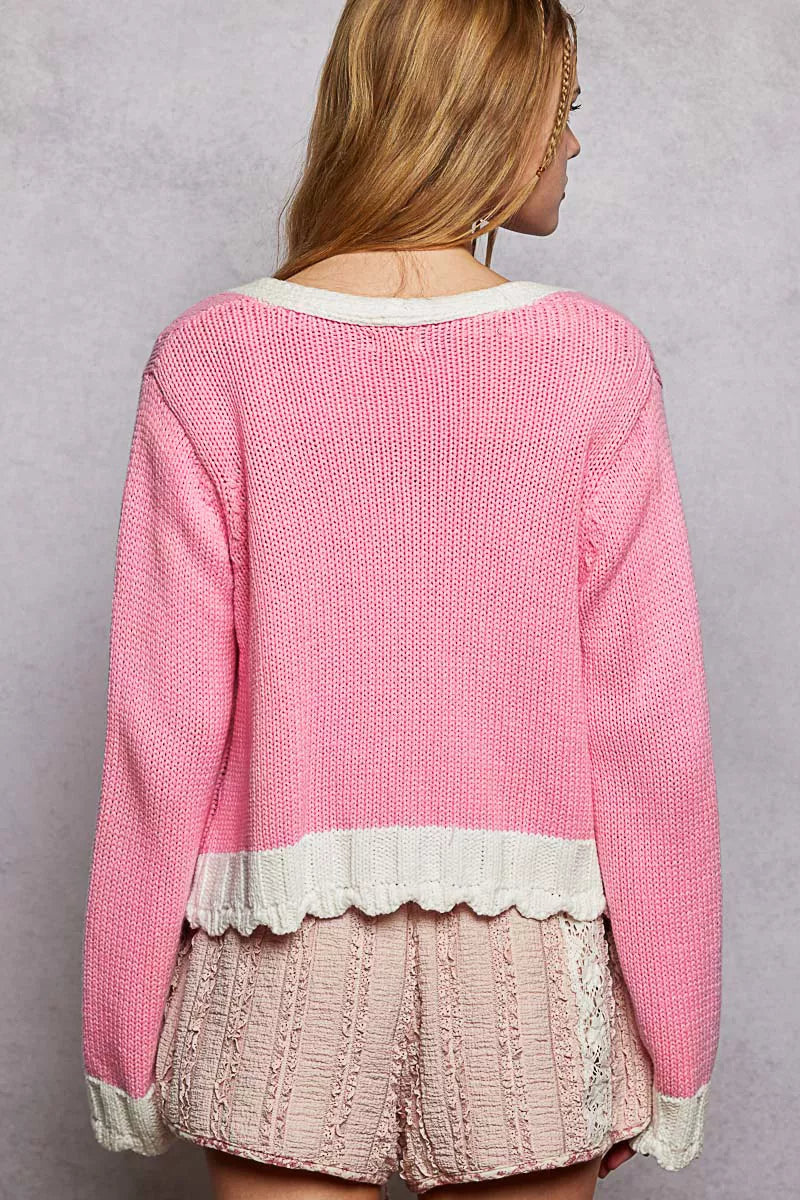 POL Womens Cable-Knit Cardigan Pink with Contrast Border Accents Buttoned 04b46282-8046-4918-9abb-bdb959d97786-Max-Origin Trendsi