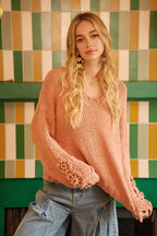 BiBi Womens Sweater Chunky Knit with Flower Detail Sleeves Peach 04b5dff0c51847399b74874b9c5aae79-Max-Origin Trendsi