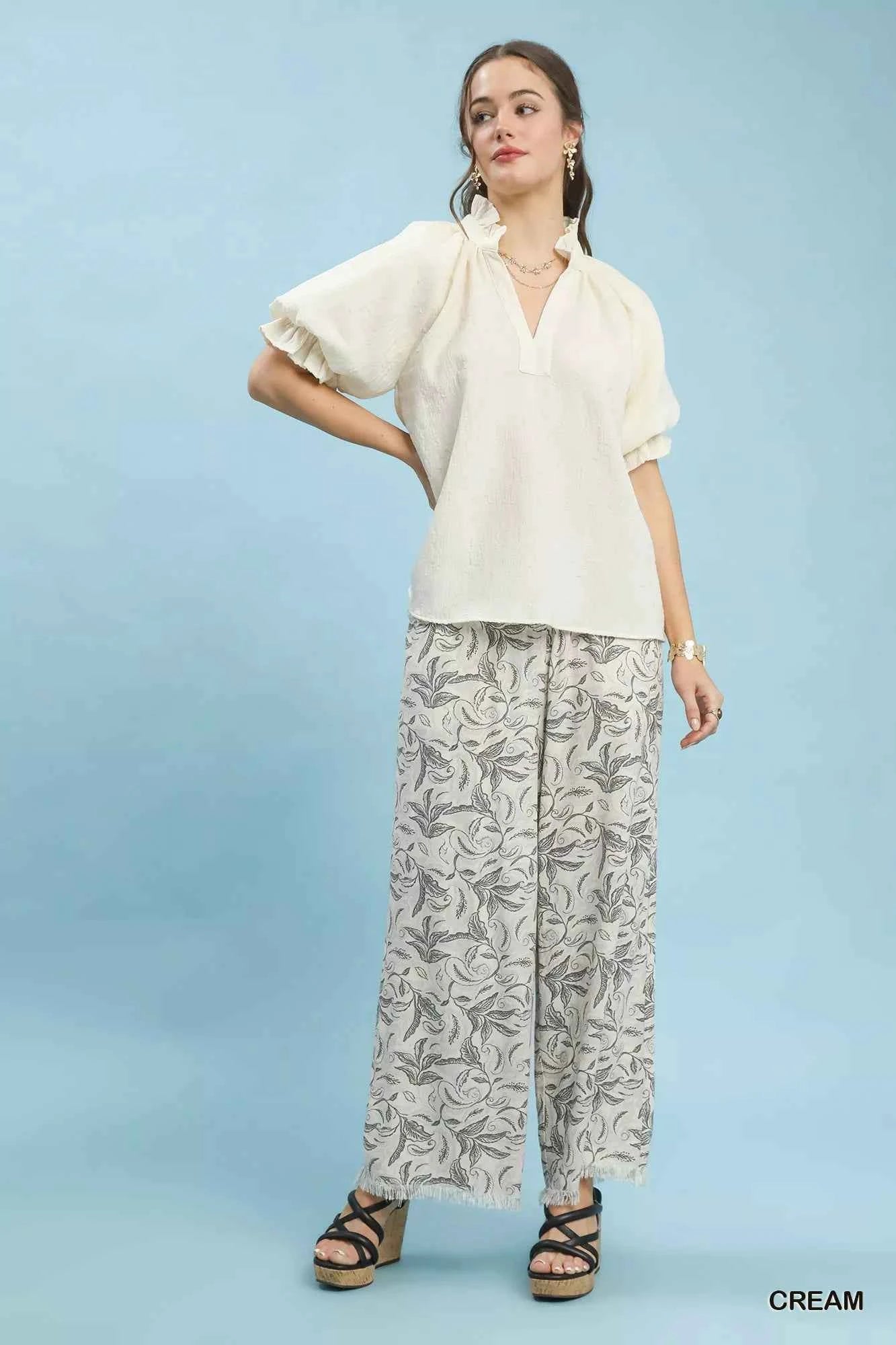 Umgee Textured Puff Sleeve Split Neck Top