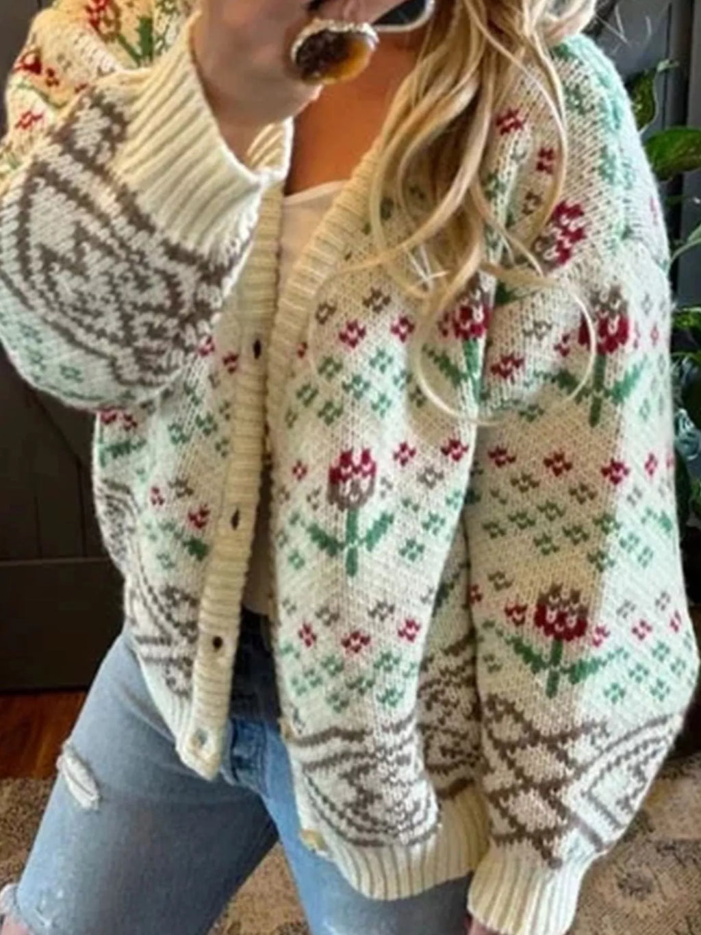 Women's Cardigan Beige Floral Knit Pattern Button-Up Long Sleeve 04c1a3fb-c01b-4560-8ba6-aa0b73d8ba7d-Max-Origin Trendsi