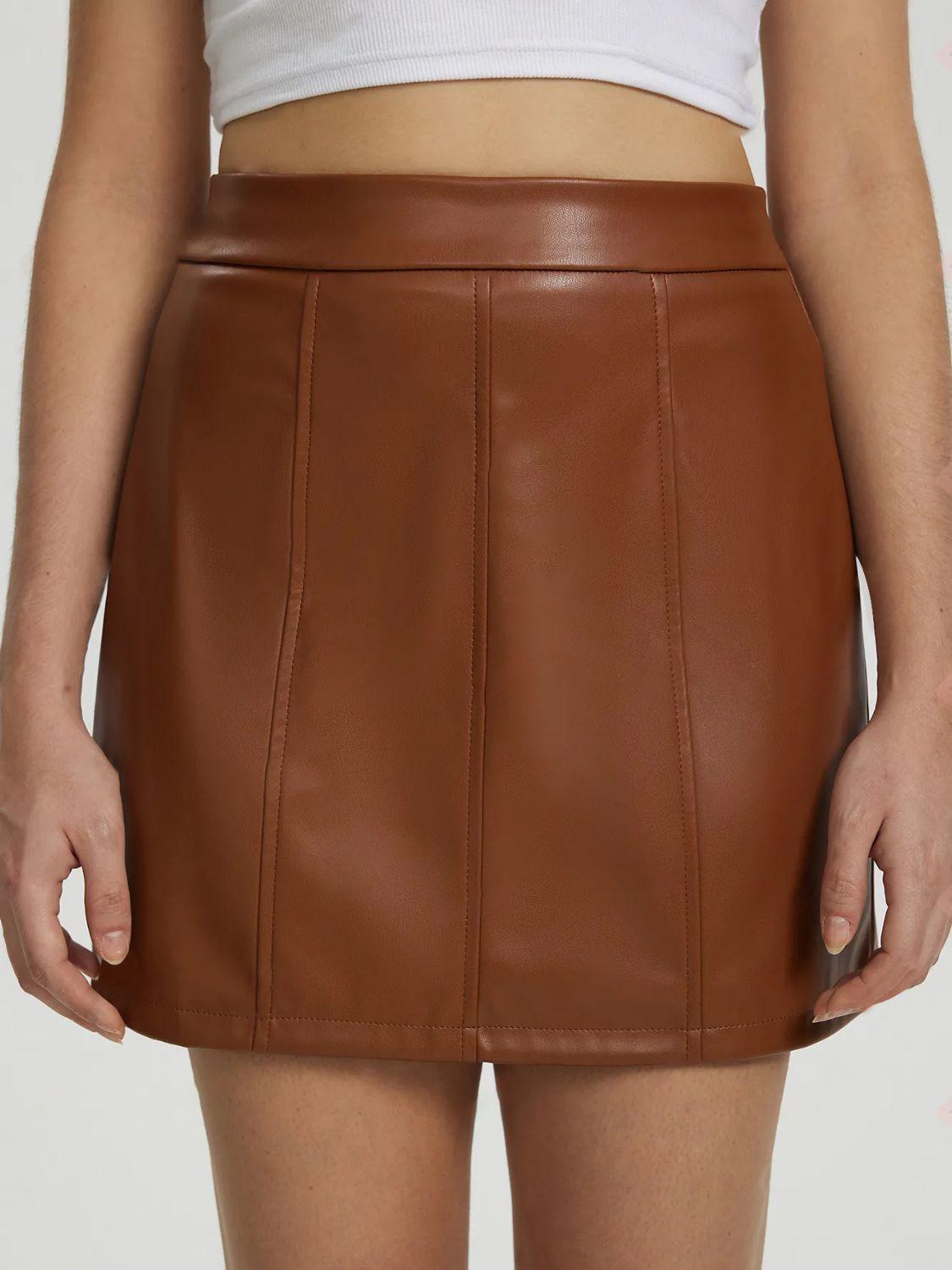 Mini Skirt Faux Leather Zipper A-Line Solid Basic Style Brown 04c246be-bef7-43a4-839d-6619071e7b5c-Max Trendsi