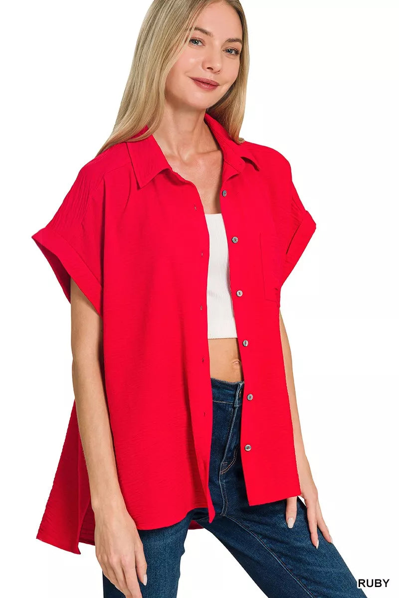 Zenana Women Shirt Red Woven Airflow Button Down Top Short Sleeve 04c4f62afe0a4fd88feaf57f65347604-Max-Origin Trendsi