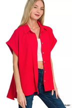 Zenana Women Shirt Red Woven Airflow Button Down Top Short Sleeve 04c4f62afe0a4fd88feaf57f65347604-Max-Origin Trendsi