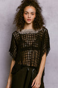 POL Textured Raw Hem Round Neck Short Sleeve Top