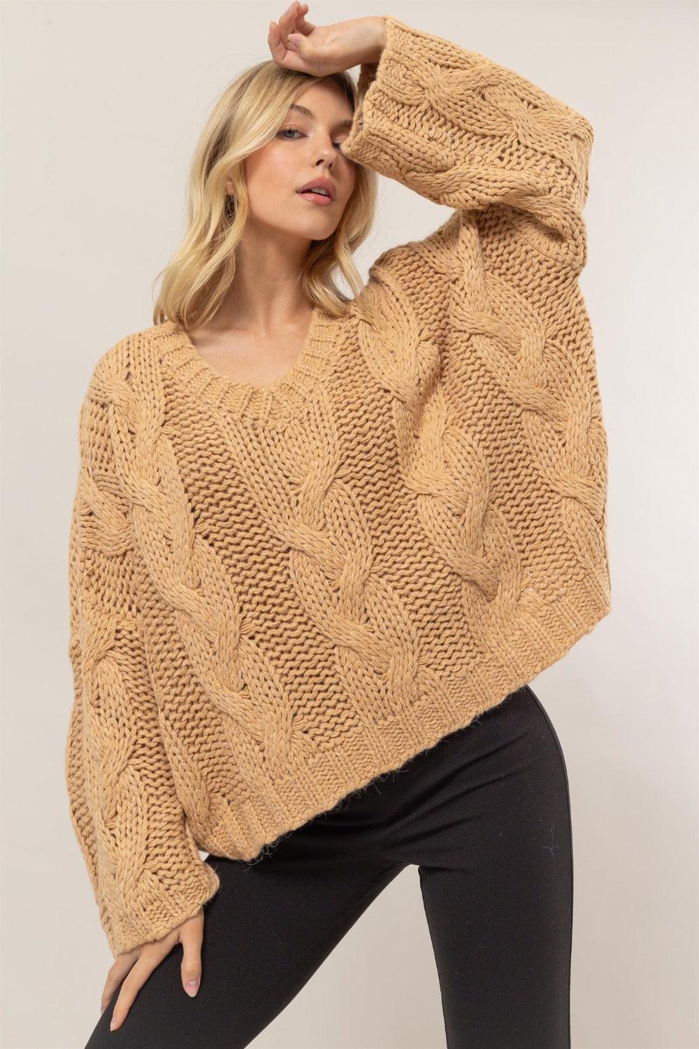 HYFVE Cable Knit V-Neck Sweater Oversized Long Sleeve Pullover Taupe 04c7cf5b-73cf-4927-b13b-85851b3fff8a-Max Trendsi