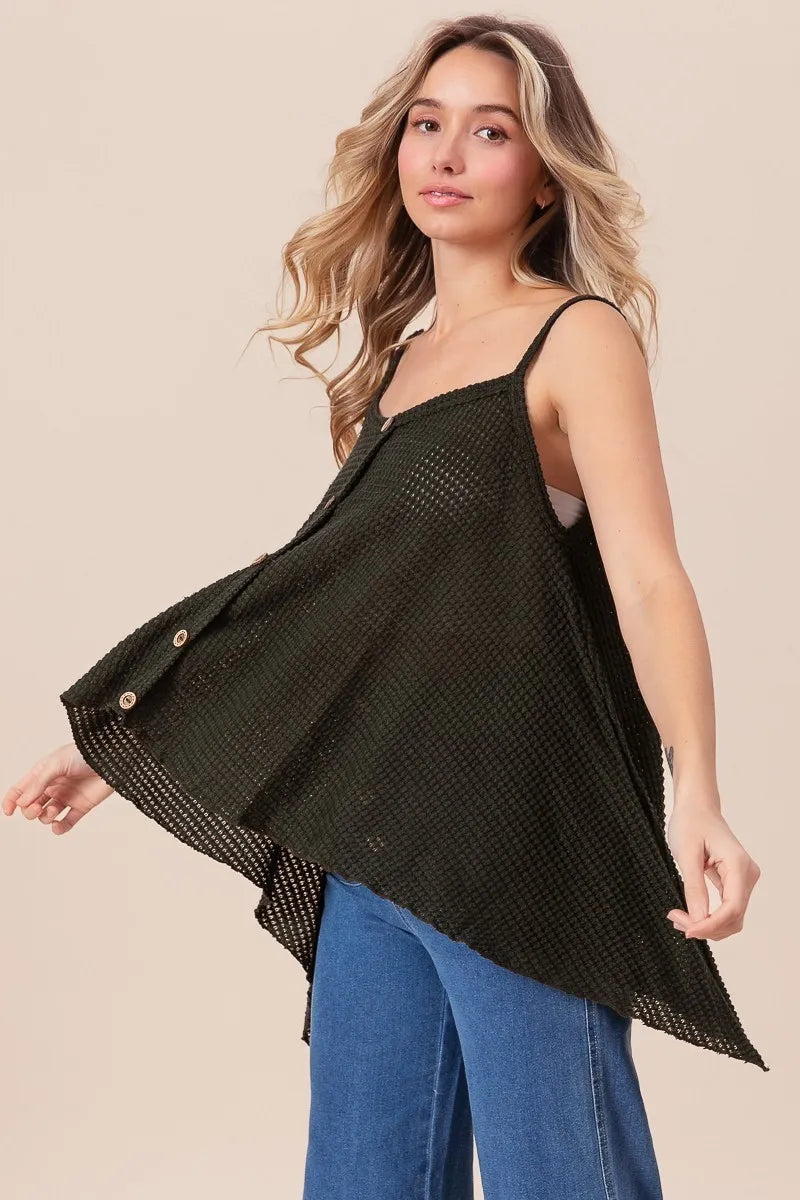 BiBi Cami Top Popcorn Waffle Black Knit with Buttoned Front Oversized 04c91a8f168546b3b754eb8a7f0e89cd-Max-Origin Trendsi