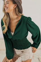 BiBi Top Smoking Waist Band and Puff Long Sleeves Deep V Neck Blouse HUNTER 04ca95bd-eb17-41aa-bbbc-6ca1c3d0deaa-Max-Origin Trendsi