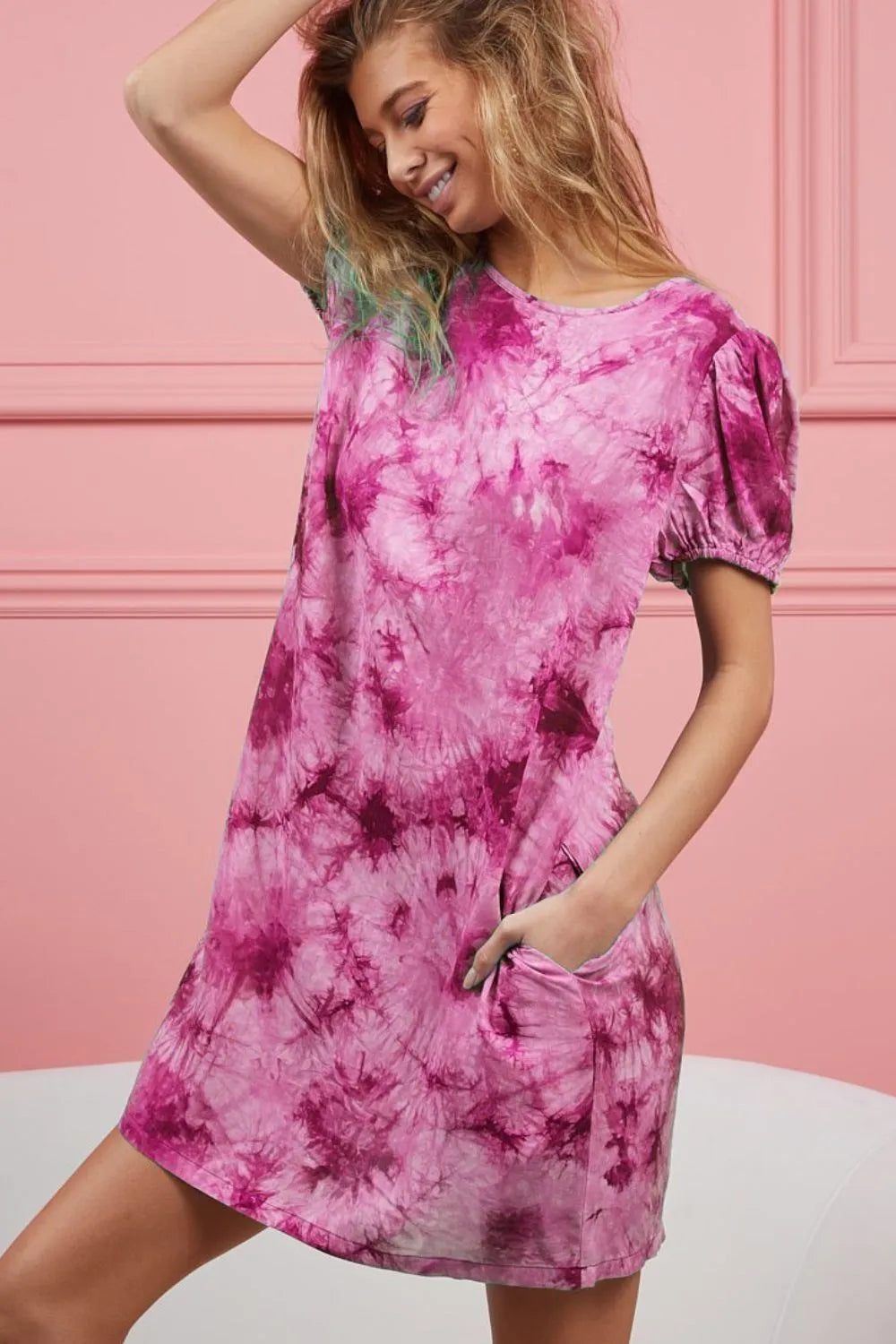 BiBi Tie Dye Puff Sleeve Dress with Pockets