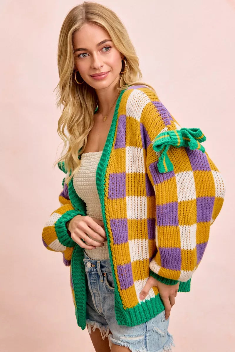 BiBi Women Cardigan Mardigras Checker Board Front Open Bow Sleeves 04eb9960202849d88fea983dc400f73d-Max-Origin Trendsi