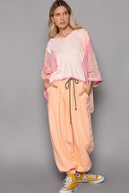 POL V Neck Blouse Blush Pink High-Low Contrast Long Sleeve Openwork Tops 04ef02f1-c03a-45f1-8d39-2c58a28b7dc0-Max Trendsi