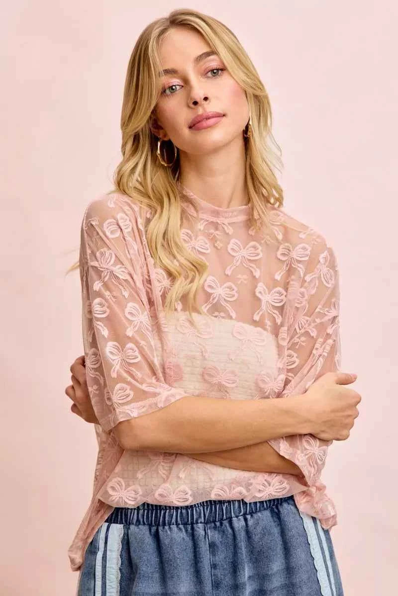 BiBi Bow Pattern Short Sleeves Boxy Mesh Top