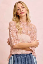 BiBi Bow Pattern Short Sleeves Boxy Mesh Top