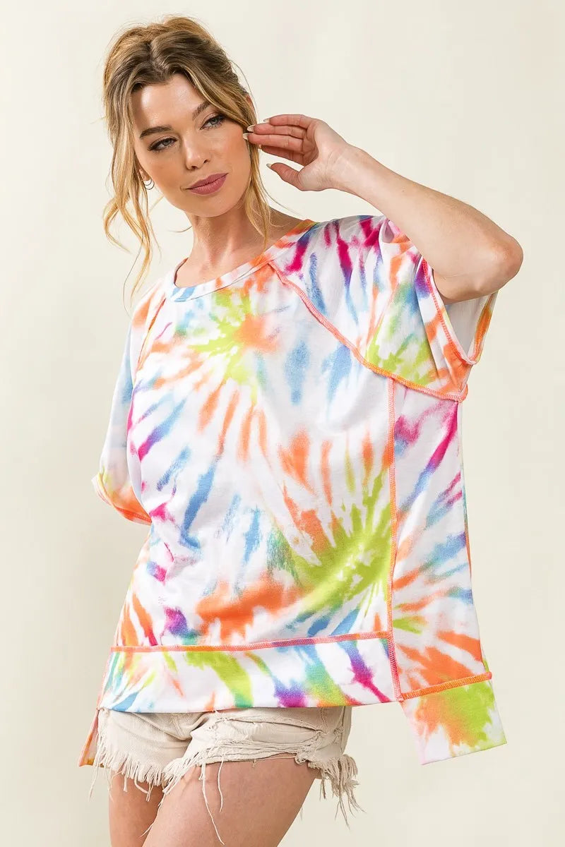 BiBi T-shirt Cotton Tie Dye Print Jersey Stitched Uneven Hem Top 04f7f4b393254013a2757c24d53406ca-Max-Origin Trendsi