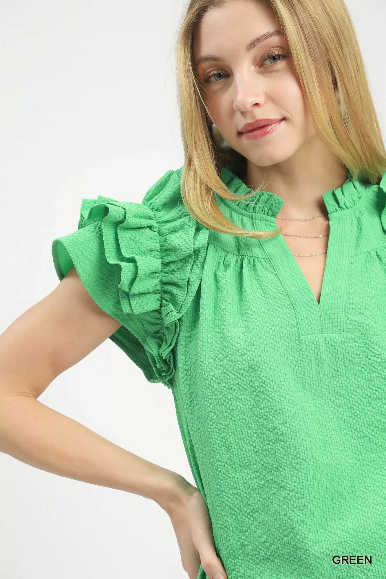 Umgee Blouse Green Textured Ruffle Short Sleeve Notched Top 04fd1cc2-5869-4325-8cef-2c14effcdd33-Max-Origin Trendsi