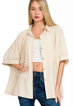 Zenana Oversized Stripe Shirt Taupe Buttoned Short Sleeve Top TAUPE 0514c0a55c1043f798a36a3eb2825b20-Max-Origin Trendsi