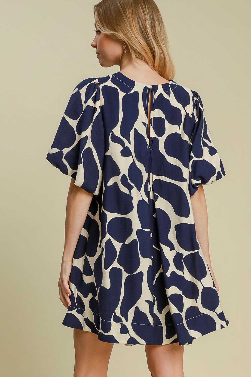 Umgee USA Mini Dress Navy Two Tone Abstract Print Puff Sleeve Short Dress