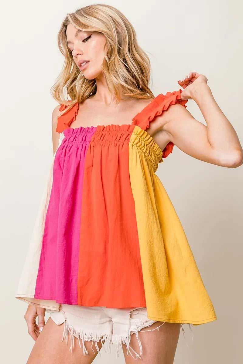 BiBi Top Frill Shoulder Strap Color Block Bodice Babydoll Blouse Fuchsia Coral FUCHSIA CORAL BANANA 051bb03c9a5349378a3ca6115fed6d2e-Max-Origin Trendsi