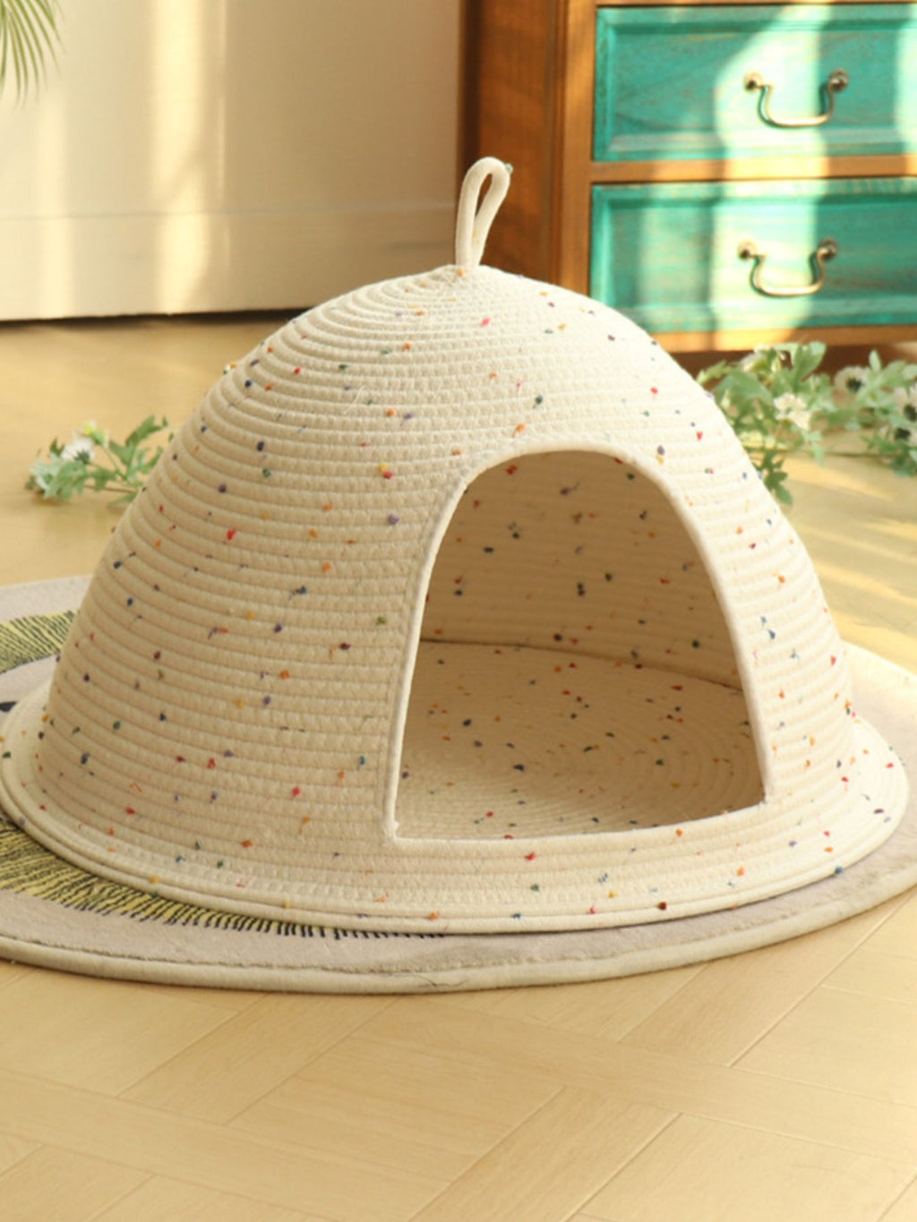 Cozy Rope Woven Cat Cave Bed with Handle - Semi-Enclosed, Polyester Material, Two Sizes Available (Small: 15.7"L x 9.8"H, Large: 19.7"L x 13.8"H)