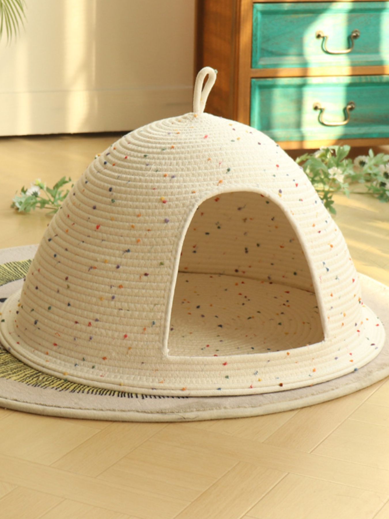 Cozy Rope Woven Cat Cave Bed with Handle - Semi-Enclosed, Polyester Material, Two Sizes Available (Small: 15.7"L x 9.8"H, Large: 19.7"L x 13.8"H)