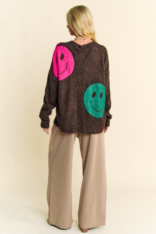 Davi & Dani Dark Brown Sweater Colorful Smile Round Neck Oversize Pullover 0523a198-e49c-4530-9aa0-4bf6ac2d223f-Max Trendsi