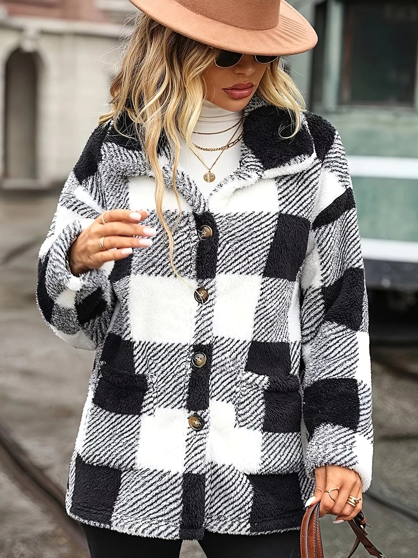 Womens Jacket Plaid Sherpa Button-Down Outerwear Coat 0527a15b4cf64f6785318ed2f8adc071-Max-Origin Trendsi