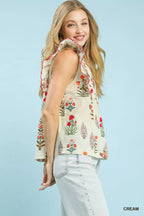 Umgee Womens Rufle Blouse Cream Block Floral Print Top Short Sleeve 0538abf9-7812-41cd-8df3-2dcfeebb32f4-Max-Origin Trendsi