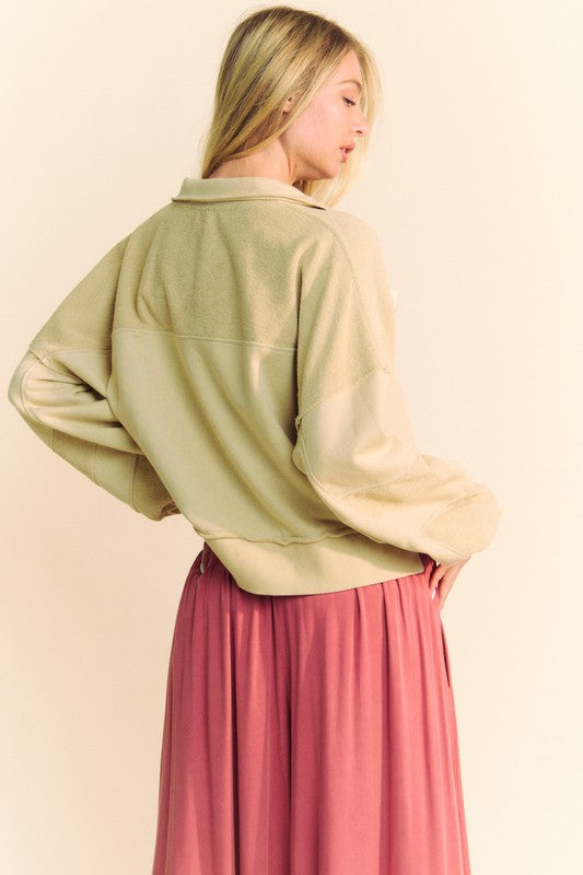 Women's Lace Up French Terry Top Davi & Dani Exposed Seam Long Sleeve Tan 0538f991-8a0c-494b-9092-f7a542a2a0cc-Max Trendsi