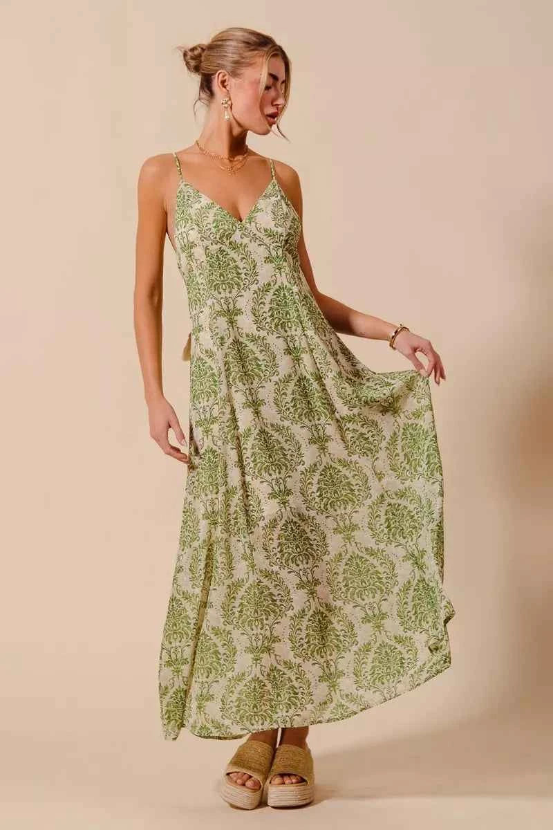 SO ME Floral Summer Maxi Flowy Dress sage Green Damask Backless Tied 0544af0f997d4f7292eee7b9d0e5b94f-Max-Origin Trendsi