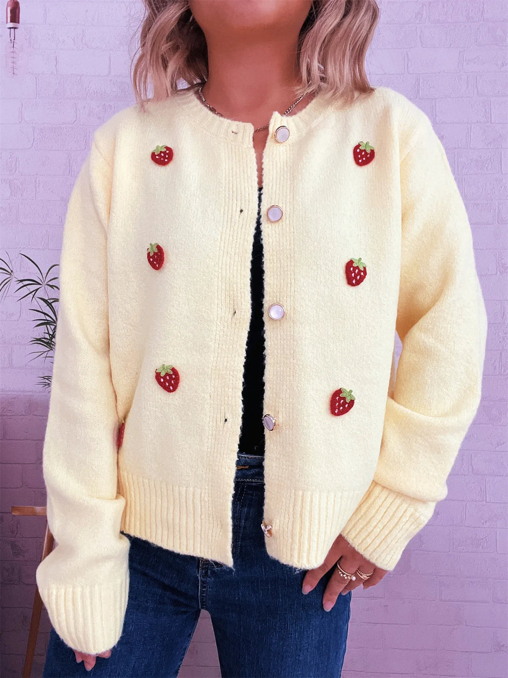 Women's Cardigan Strawberry Button Up Long Sleeve Soft Knit 05452de924824e86a88bdc0ba58b482a-Max-Origin Trendsi