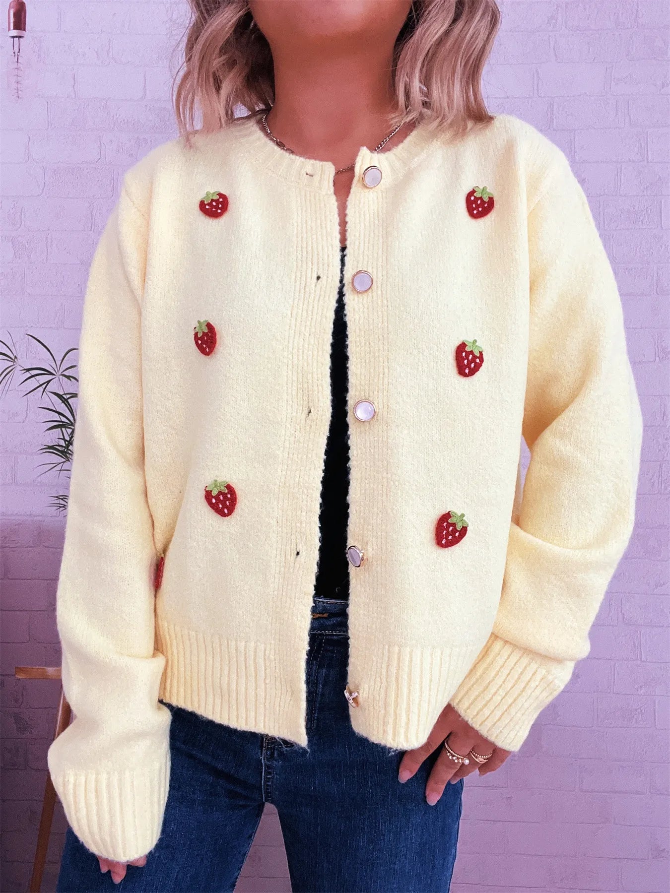 Women's Cardigan Strawberry Button Up Long Sleeve Soft Knit 05452de924824e86a88bdc0ba58b482a-Max-Origin Trendsi