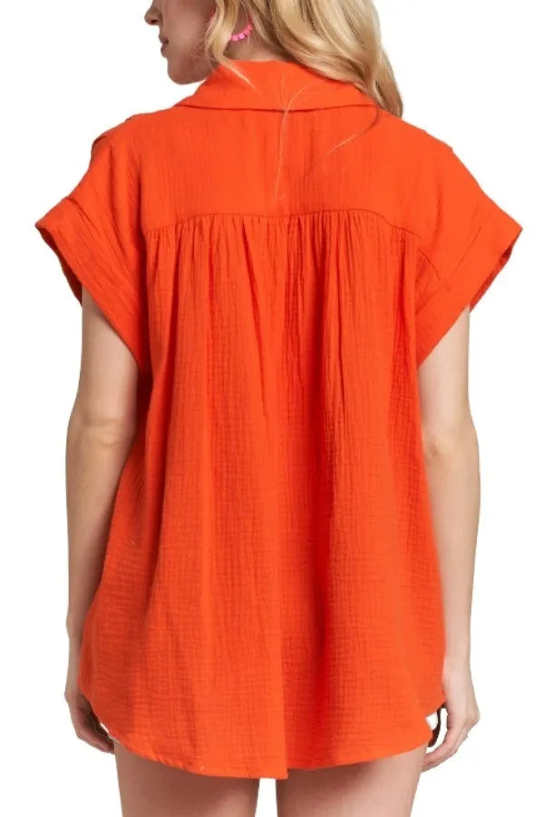 ADORA Shirt Cotton Orange Solid Top Short Sleeve with Pockets 054665838258454db987a18576650cad-Max-Origin Trendsi