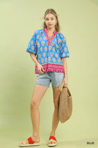 Umgee Womens Blouse Blue Boho Border Print Peasant Short Sleeve Top 05487308-5e10-402d-9d41-e55182d5a93c-Max-Origin Trendsi
