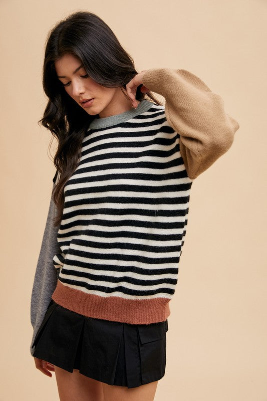 Annie Wear Striped Color Block Round Neck Sweater Long Sleeve 05528fc8-2fac-4498-bee5-02ff786b6f8e-Max Trendsi