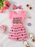 Girl Children's Pink Set Headband Letter Ruffle Sleeve Top and Shorts 3-Piece Pink 055521ac-7db3-4fd7-b05e-d2b458c5798e-Max-Origin Trendsi