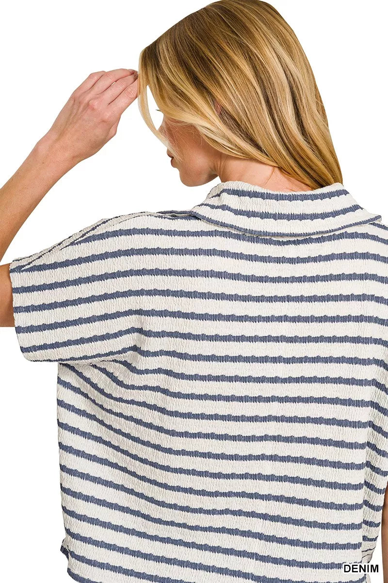 Zenana Blouse Blue Striped Split Neck Collared Top Short Sleeve 05570df14796482eb523b9f35f9fbdf0-Max-Origin Trendsi