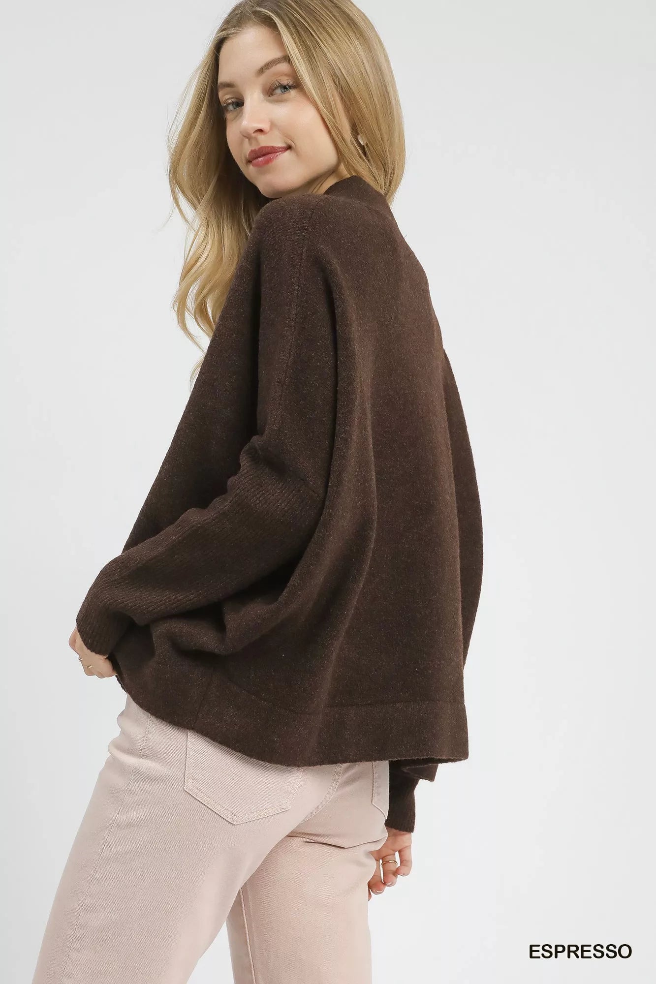 Umgee Sweater Brown V-Neck with Wide Trim Detail Ribbed Pullover