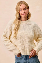 BiBi Womens Sweater Checker Ivory Board Drop Shoulder Knit Pullover 0560a7fb0ddf42f1831d317d00fd8908-Max-Origin Trendsi