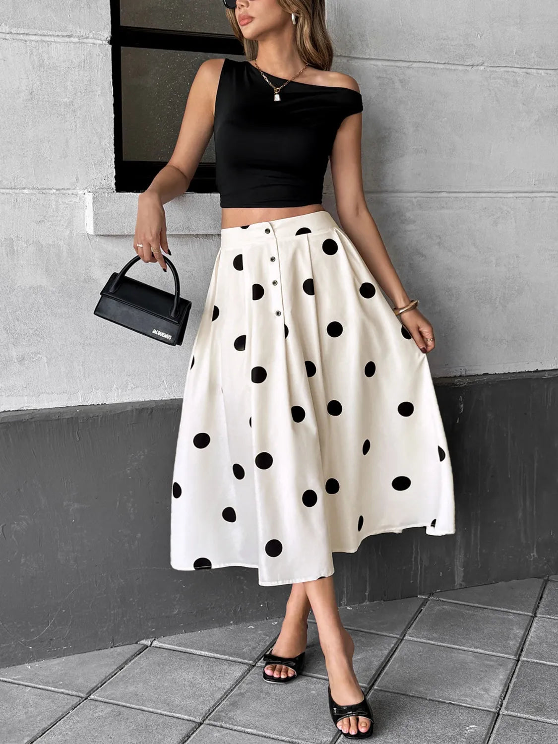 Midi Skirt Polka Dot Cream Button Front Ruffled High Waisted 0560fbb3-9576-4938-81ba-a1ed146534c4-Max-Origin Trendsi