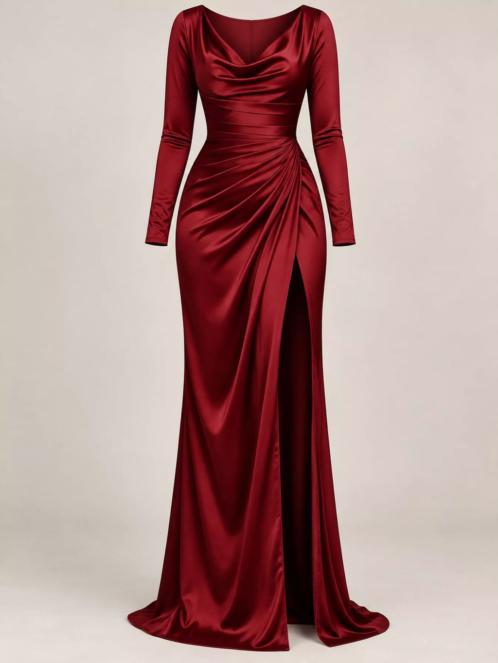 Burgunderrotes Satin-Abendkleid am Mannequin: Vollständige Länge, lange Ärmel und seitliche Schlitz-Struktur