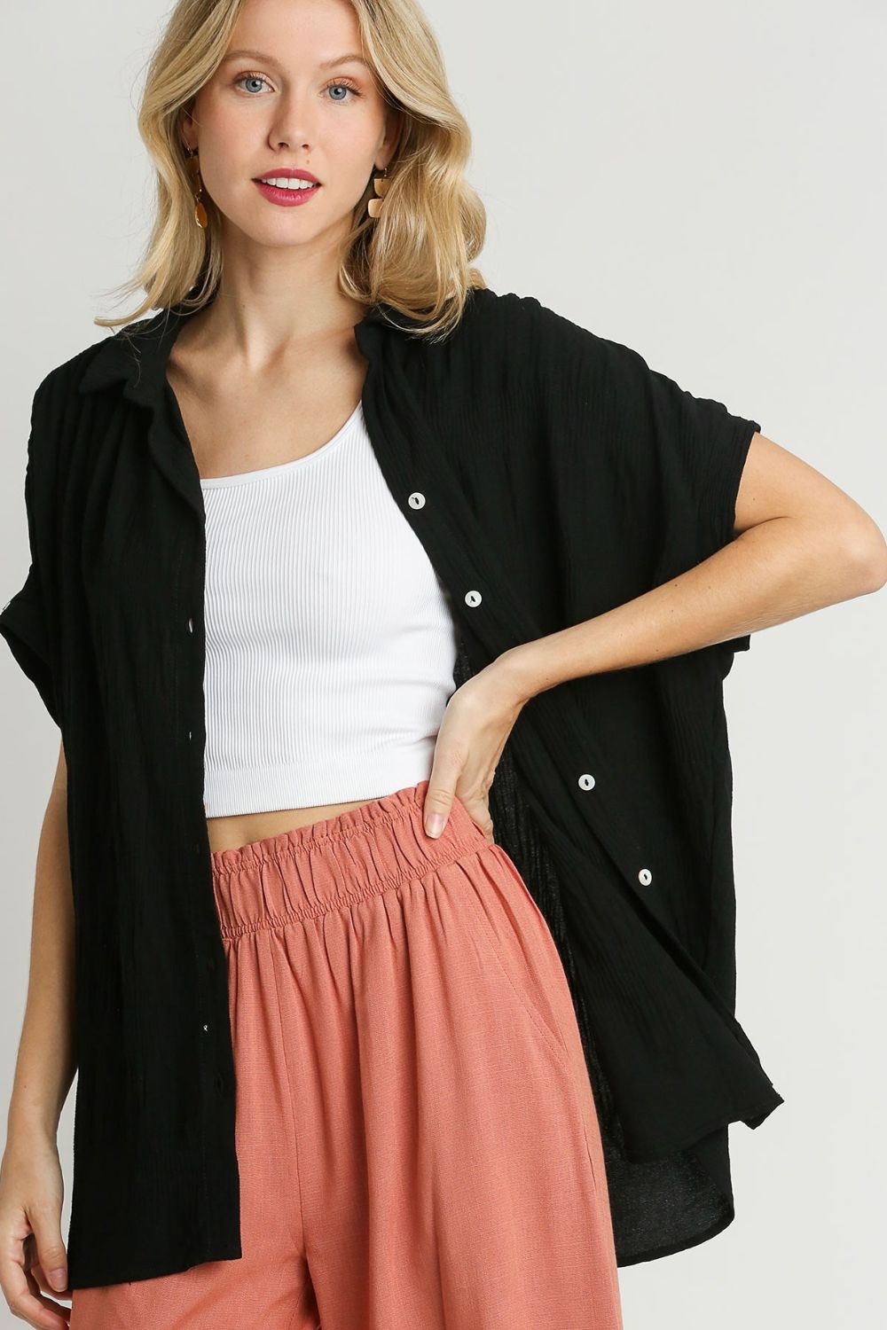 Umgee Black Shirt Textured Short Sleeve Single Breasted S-2XL Black 05722196-10df-4da7-85c2-a9a722faa663-Max Trendsi