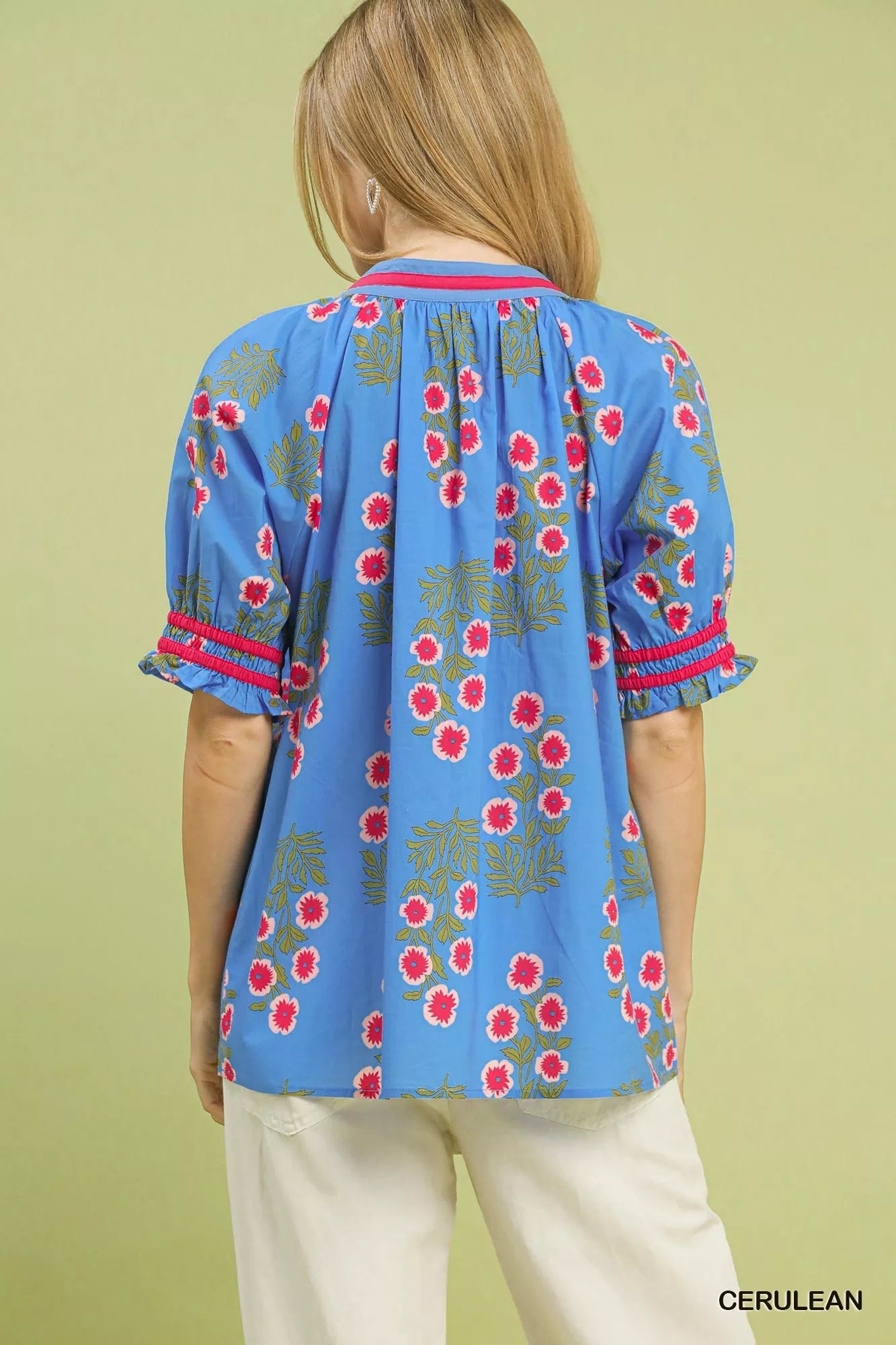 Umgee Womens Blouse Blue Floral V-Neck Puff Short Sleeve Top 05734c0e-3596-4392-bf8b-ca190cac4e70-Max-Origin Trendsi