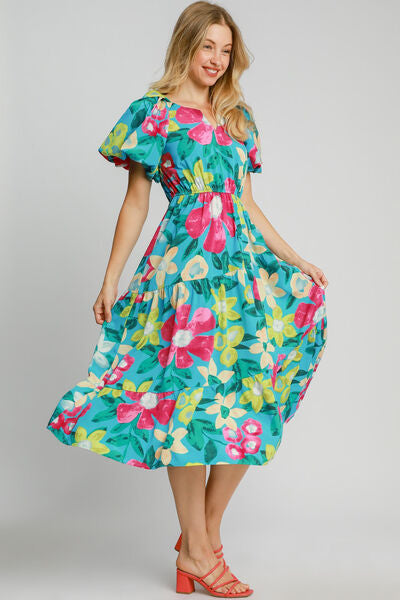 Umgee Midi Dress Plus Size Tiered Floral Print with Puff Short Sleeves 057543b4-c18e-4ea5-ad52-5c424fdb4c64-Min Trendsi