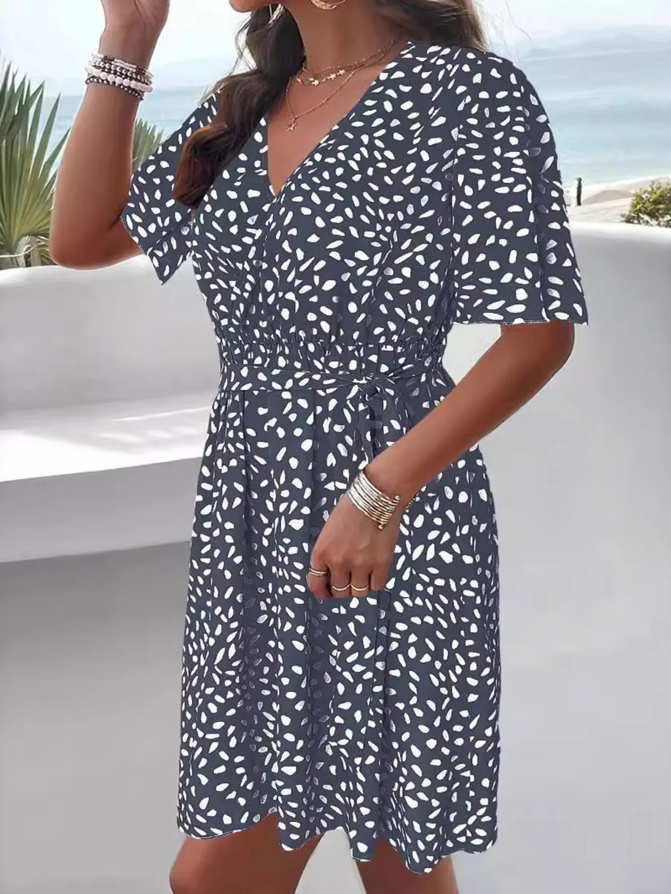 Mini Dress Printed Surplice Tie Waist Dress Belted V Neck Short Sleeve 057cea8156ea43e8940964b57f6f3b0d-Max-Origin Trendsi