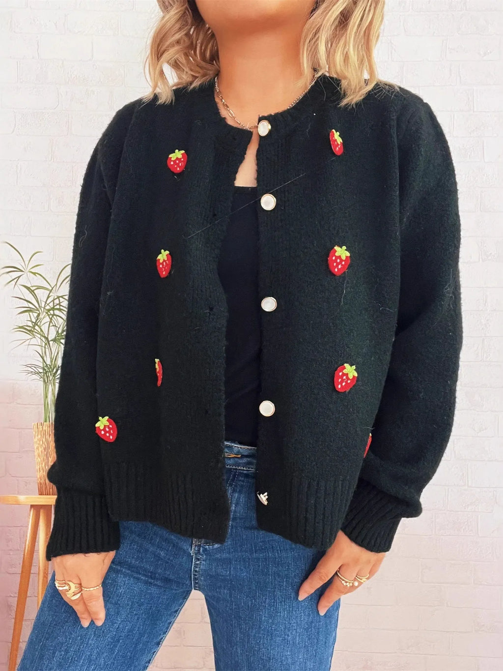 Women's Cardigan Strawberry Button Up Long Sleeve Soft Knit 0584f81338a344549127c85137e7c179-Max-Origin Trendsi