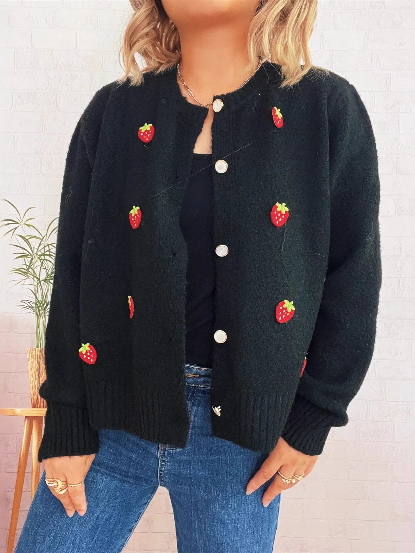 Women's Cardigan Strawberry Button Up Long Sleeve Soft Knit 0584f81338a344549127c85137e7c179-Max-Origin Trendsi