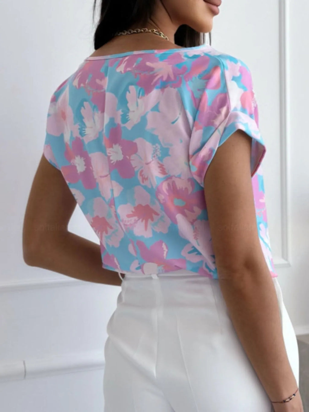 Women's T-Shirt Classic Rolled Tab Sleeve Floral Solid Tops 05855471-e208-479d-95ae-ba3192f31f12-Max-Origin Trendsi