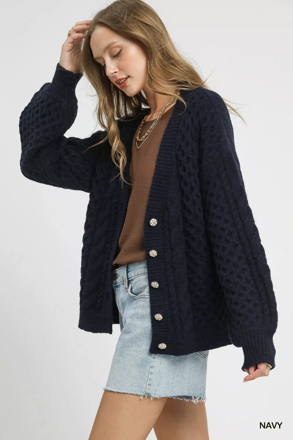 Umgee Womens Cardigan Navy Cable Knit Pearl Button Sweater 0586b7ce-662d-43cf-afb1-0b38f9648b62-Max-Origin Trendsi